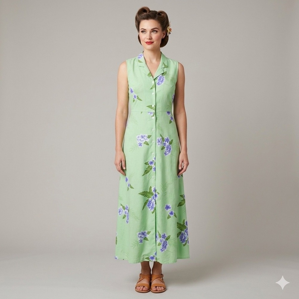 Original‎ Island Sports Maxi Dress Womens 6 Green Floral Button Front Tropical